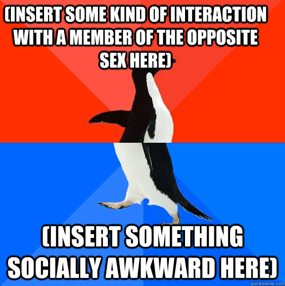 (insert some kind of interaction with a member of the opposite sex here) (insert something socially awkward here) - (insert some kind of interaction with a member of the opposite sex here) (insert something socially awkward here)  Socially Awesome Awkward Penguin