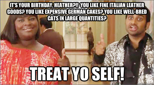 It's your birthday, Heather?!!  You like fine Italian leather goods? You like expensive German cakes? You like well-bred cats in large quantities? TREAT YO SELF!   - It's your birthday, Heather?!!  You like fine Italian leather goods? You like expensive German cakes? You like well-bred cats in large quantities? TREAT YO SELF!    PSF Treat Yo Self
