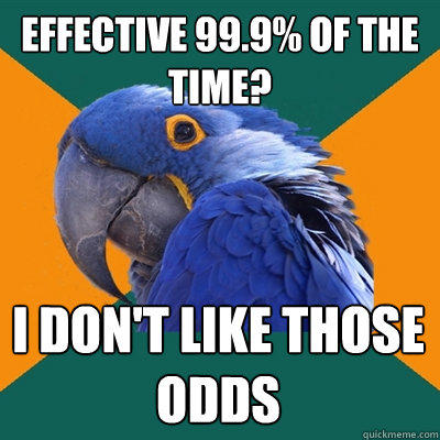 Effective 99.9% of the time? I don't like those odds  Paranoid Parrot