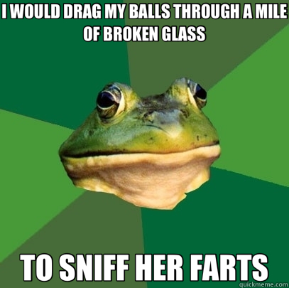 I WOULD DRAG MY BALLS THROUGH A MILE OF BROKEN GLASS TO SNIFF HER FARTS - I WOULD DRAG MY BALLS THROUGH A MILE OF BROKEN GLASS TO SNIFF HER FARTS  Foul Bachelor Frog