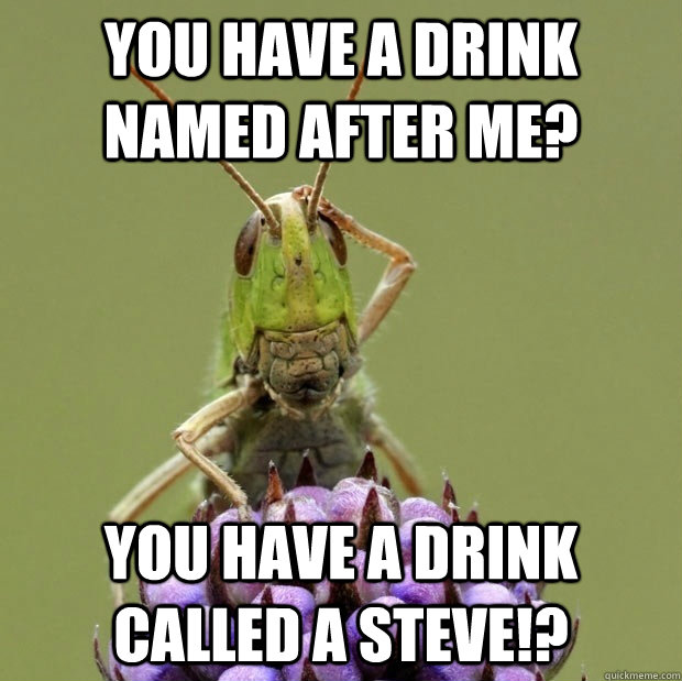 YOU HAVE A DRINK NAMED AFTER ME? YOU HAVE A DRINK CALLED A STEVE!?  Confused grasshopper