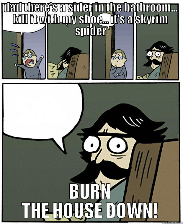 BURN IT! BURN IT NOW! - DAD THERE'S A SIDER IN THE BATHROOM... KILL IT WITH MY SHOE... IT'S A SKYRIM SPIDER BURN THE HOUSE DOWN! Stare Dad