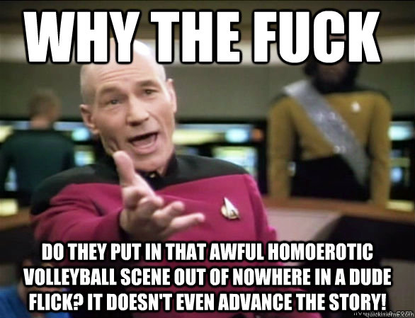 Why the fuck do they put in that awful homoerotic volleyball scene out of nowhere in a dude flick? It doesn't even advance the story!  Annoyed Picard HD