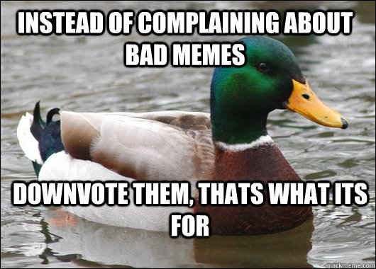 Instead of complaining about bad memes downvote them, thats what its for  Actual Advice Mallard