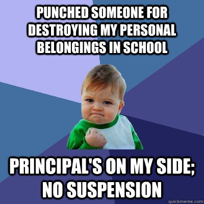 punched someone for destroying my personal belongings in school principal's on my side; no suspension  Success Kid