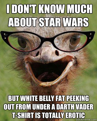  I don't know much about Star Wars But white belly fat peeking out from under a Darth Vader t-shirt is totally erotic  -  I don't know much about Star Wars But white belly fat peeking out from under a Darth Vader t-shirt is totally erotic   Judgmental Bookseller Ostrich