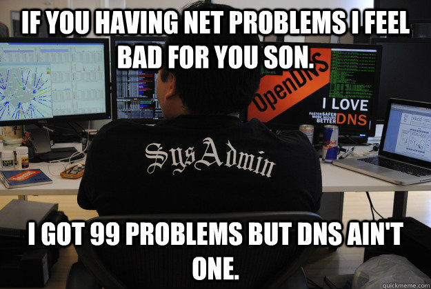 If you having net problems I feel bad for you son. I got 99 problems but DNS ain't one. - If you having net problems I feel bad for you son. I got 99 problems but DNS ain't one.  Success SysAdmin