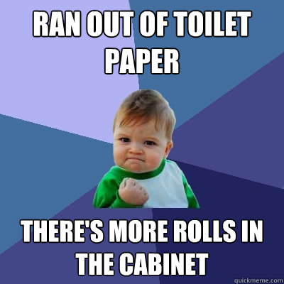 ran out of toilet paper there's more rolls in the cabinet  Success Kid