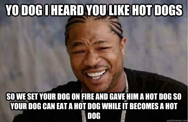 Yo dog I heard you like hot dogs So we set your dog on fire and gave him a hot dog so your dog can eat a hot dog while it becomes a hot dog - Yo dog I heard you like hot dogs So we set your dog on fire and gave him a hot dog so your dog can eat a hot dog while it becomes a hot dog  Xibit Yo Dawg