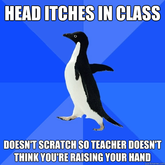 head itches in class doesn't scratch so teacher doesn't think you're raising your hand  Socially Awkward Penguin