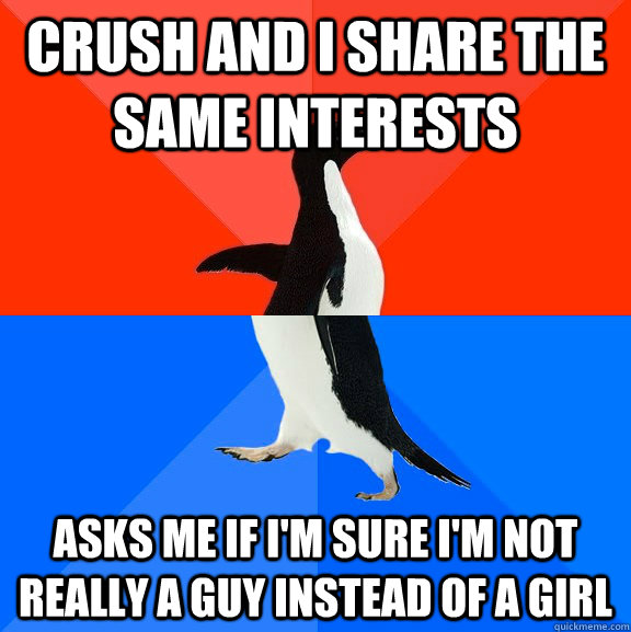 Crush and I share the same interests Asks me if i'm sure i'm not really a guy instead of a girl  Socially Awesome Awkward Penguin