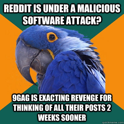 Reddit is under a malicious software attack? 9gag is exacting revenge for thinking of all their posts 2 weeks sooner  Paranoid Parrot