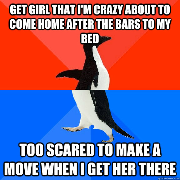 get girl that i'm crazy about to come home after the bars to my bed  too scared to make a move when i get her there  Socially Awesome Awkward Penguin
