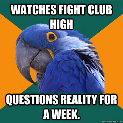 watches fight club high questions reality for a week.  Paranoid Parrot
