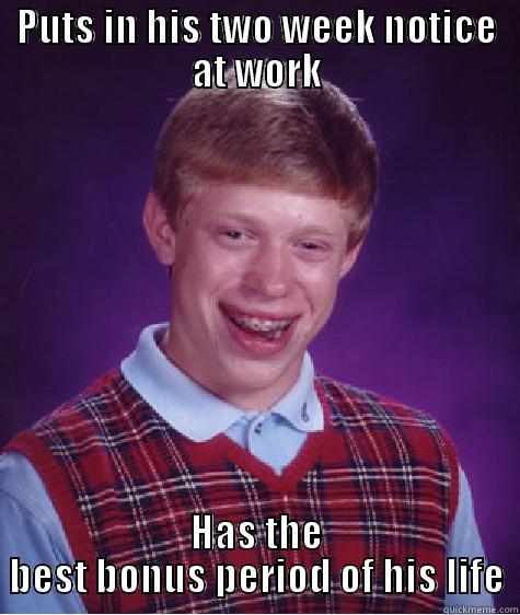 PUTS IN HIS TWO WEEK NOTICE AT WORK HAS THE BEST BONUS PERIOD OF HIS LIFE Bad Luck Brian