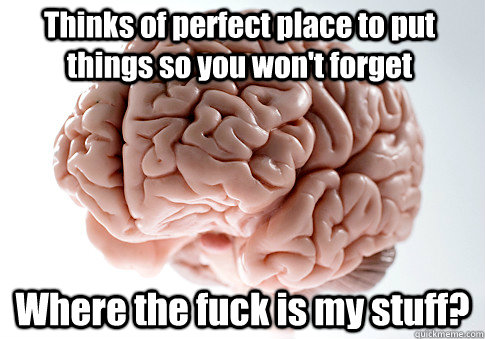 Thinks of perfect place to put things so you won't forget Where the fuck is my stuff?   Scumbag Brain