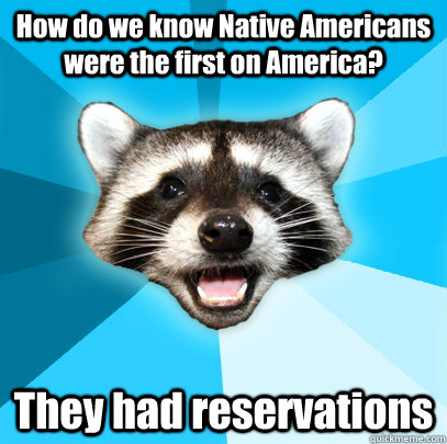 How do we know Native Americans were the first on America? They had reservations  Lame Pun Coon