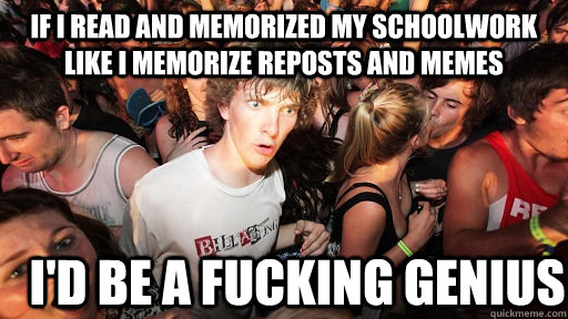 If I read and memorized my schoolwork like I memorize reposts and memes I'd be a fucking genius  Sudden Clarity Clarence