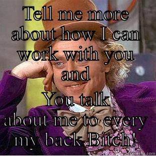 TELL ME MORE ABOUT HOW I CAN WORK WITH YOU AND YOU TALK ABOUT ME TO EVERY MY BACK BITCH! Condescending Wonka