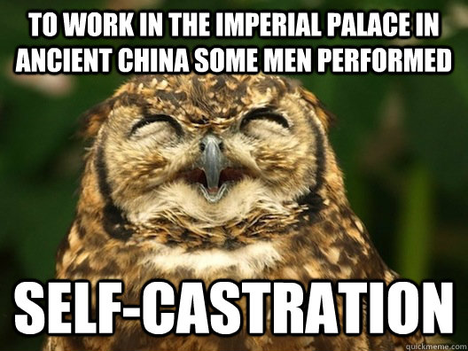 to work in the imperial palace in ancient china some men performed self-castration  