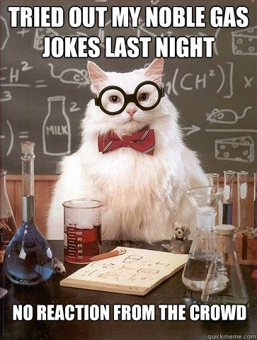 tried out my noble gas jokes last night no reaction from the crowd  Chemistry Cat