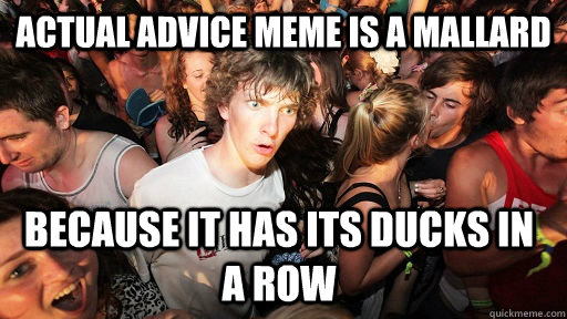 Actual Advice meme is a mallard because it has its ducks in  a row  Sudden Clarity Clarence