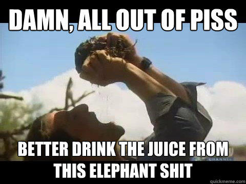 Damn, all out of piss better drink the juice from this elephant shit  Bear Grylls