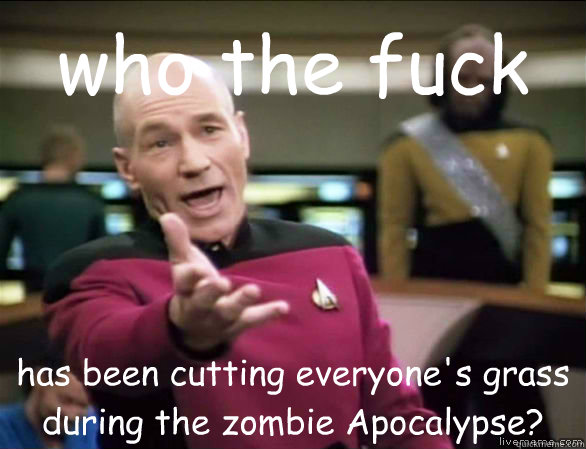 who the fuck has been cutting everyone's grass during the zombie Apocalypse?  Annoyed Picard HD