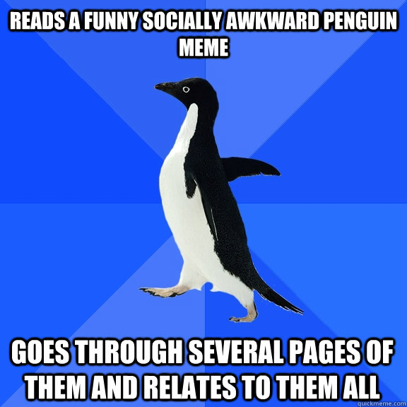 reads a funny socially awkward penguin meme goes through several pages of them and relates to them all  Socially Awkward Penguin