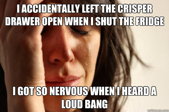 I accidentally left the crisper drawer open when I shut the fridge i got so nervous when i heard a loud bang  First World Problems