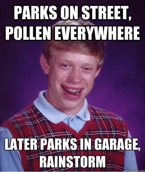 PARKS ON STREET, POLLEN EVERYWHERE LATER PARKS IN GARAGE, 
RAINSTORM  Bad Luck Brian