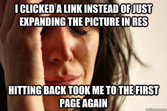 I clicked a link instead of just expanding the picture in RES hitting back took me to the first page again  First World Problems