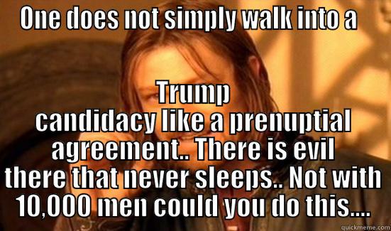 ONE DOES NOT SIMPLY WALK INTO A   TRUMP CANDIDACY LIKE A PRENUPTIAL AGREEMENT.. THERE IS EVIL THERE THAT NEVER SLEEPS.. NOT WITH 10,000 MEN COULD YOU DO THIS.... Boromir