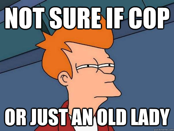 not sure if cop Or just an old lady  Futurama Fry