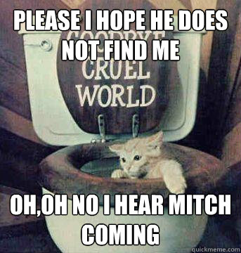 Please I hope he does not find me Oh,Oh no I hear Mitch coming  Goodbye Cat