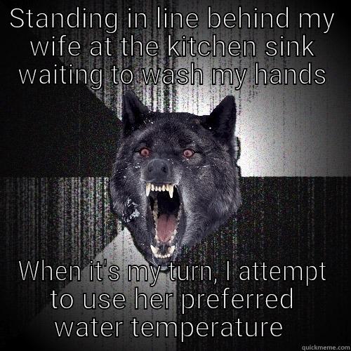 STANDING IN LINE BEHIND MY WIFE AT THE KITCHEN SINK WAITING TO WASH MY HANDS WHEN IT'S MY TURN, I ATTEMPT TO USE HER PREFERRED WATER TEMPERATURE  Insanity Wolf