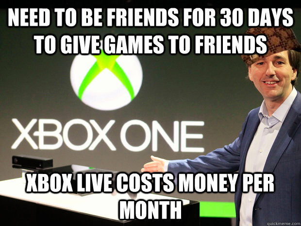 Need to be friends for 30 days to give games to friends XBOX live costs money per month  Scumbag Xbox One
