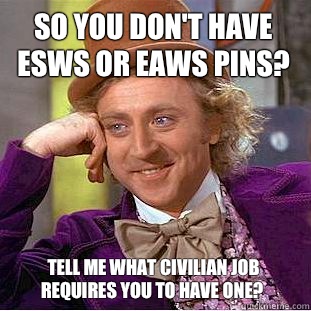 So you don't have ESWS or EAWS pins? Tell me what civilian job requires you to have one? - So you don't have ESWS or EAWS pins? Tell me what civilian job requires you to have one?  WONKA INSTAGRAM