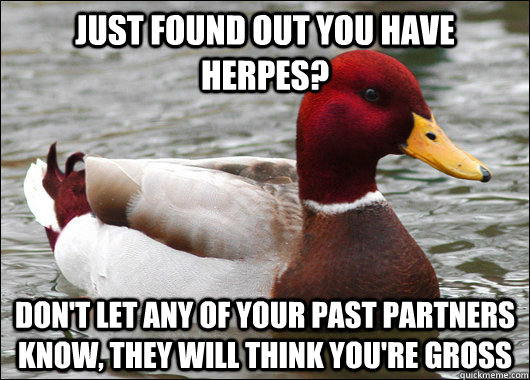 just found out you have herpes? don't let any of your past partners know, they will think you're gross  Malicious Advice Mallard