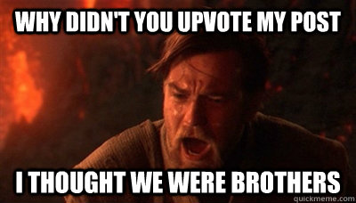 Why didn't you upvote my post I thought we were brothers  Epic Fucking Obi Wan