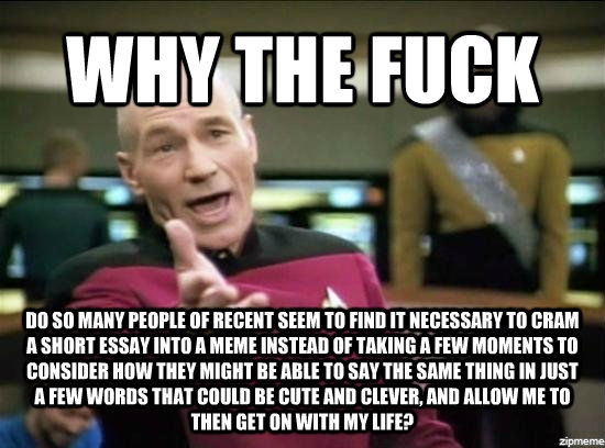 WHY THE FUCK DO SO MANY PEOPLE OF RECENT SEEM TO FIND IT NECESSARY TO CRAM A SHORT ESSAY INTO A MEME INSTEAD OF TAKING A FEW MOMENTS TO CONSIDER HOW THEY MIGHT BE ABLE TO SAY THE SAME THING IN JUST A FEW WORDS THAT COULD BE CUTE AND CLEVER, AND ALLOW ME T  Annoyed Picard HD
