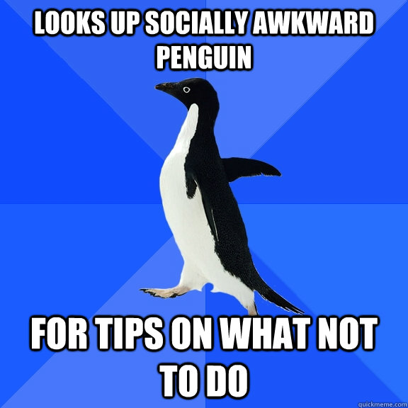 looks up socially awkward penguin for tips on what not to do  Socially Awkward Penguin