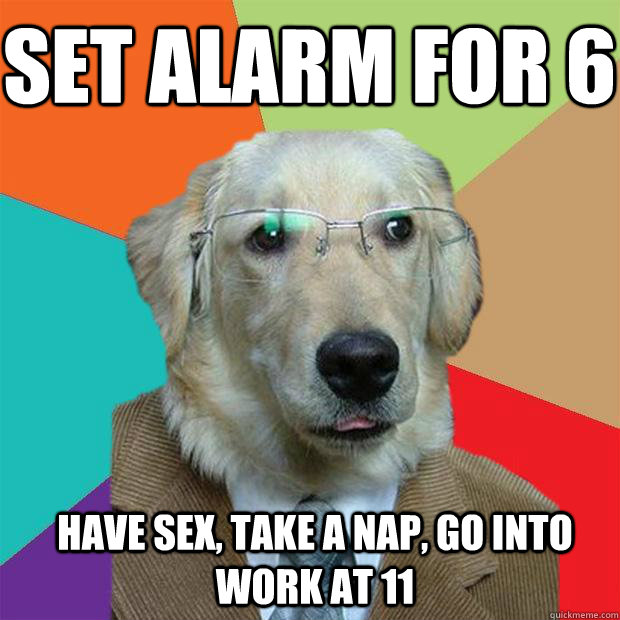 Set alarm for 6  Have sex, take a nap, go into work at 11 - Set alarm for 6  Have sex, take a nap, go into work at 11  Business Dog