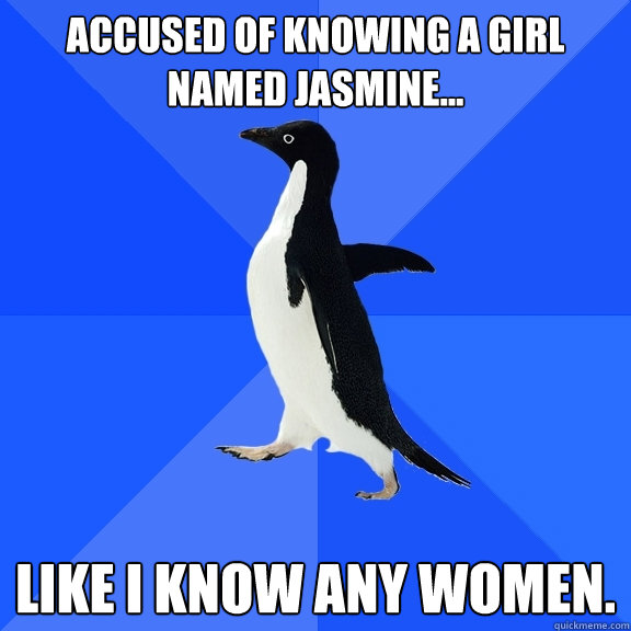 Accused of knowing a girl named Jasmine... Like I know any women.  Socially Awkward Penguin