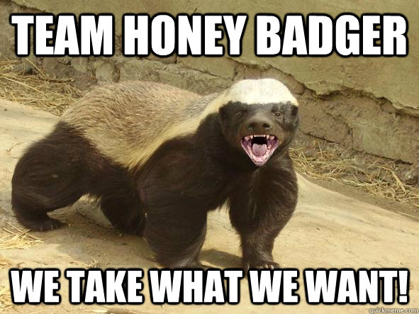 Team Honey Badger We take what we want!  Indifferent Honey Badger