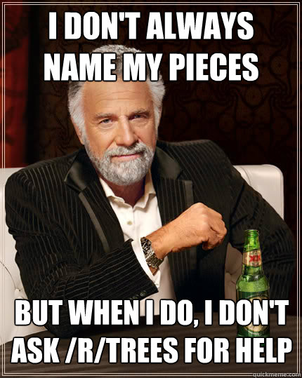 I don't always name my pieces but when I do, I don't ask /r/trees for help - I don't always name my pieces but when I do, I don't ask /r/trees for help  Dos Equis man