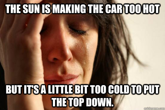 The sun is making the car too hot but it's a little bit too cold to put the top down.  First World Problems