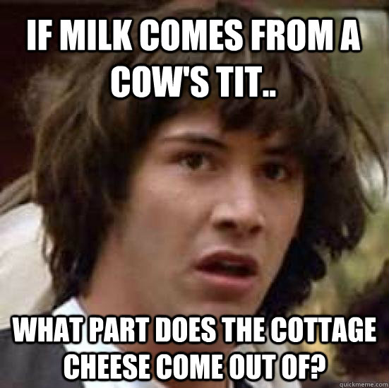If milk comes from a cow's tit.. what part does the cottage cheese come out of? - If milk comes from a cow's tit.. what part does the cottage cheese come out of?  conspiracy keanu