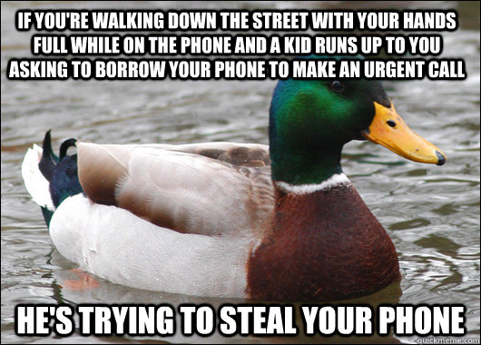 If you're walking down the street with your hands full while on the phone and a kid runs up to you asking to borrow your phone to make an urgent call He's trying to steal your phone  Actual Advice Mallard