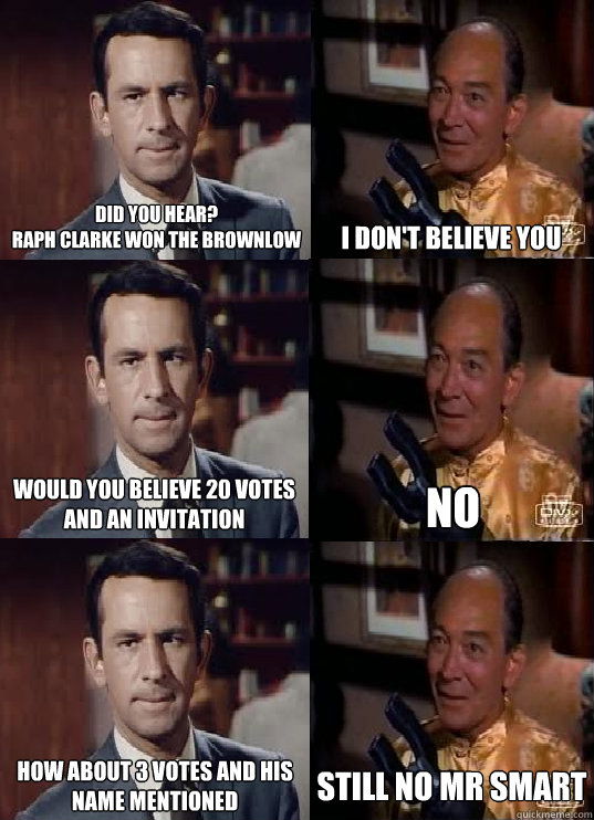 Did you hear? 
Raph Clarke won the Brownlow i don't believe you would you believe 20 votes and an invitation no how about 3 votes and his name mentioned still no mr smart - Did you hear? 
Raph Clarke won the Brownlow i don't believe you would you believe 20 votes and an invitation no how about 3 votes and his name mentioned still no mr smart  afl meme 1